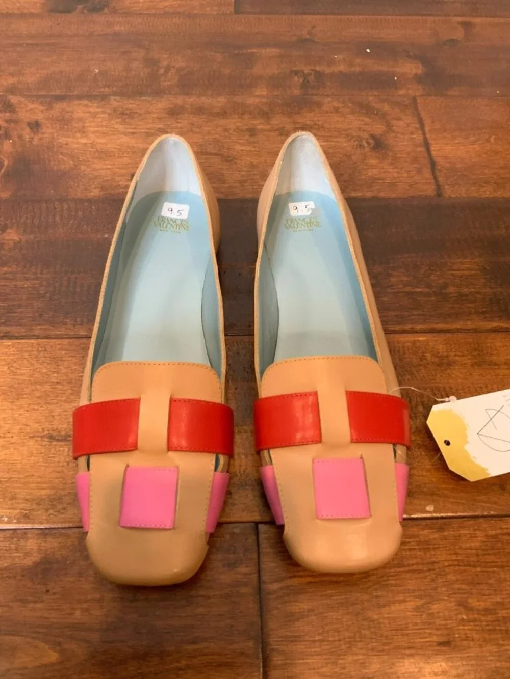 Frances Valentine Tan Pink Red Leather Color Block Loafers, Size 9.5